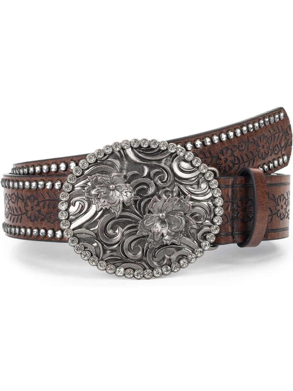 Western Tooled Large Buckle Belt with Rhinestones